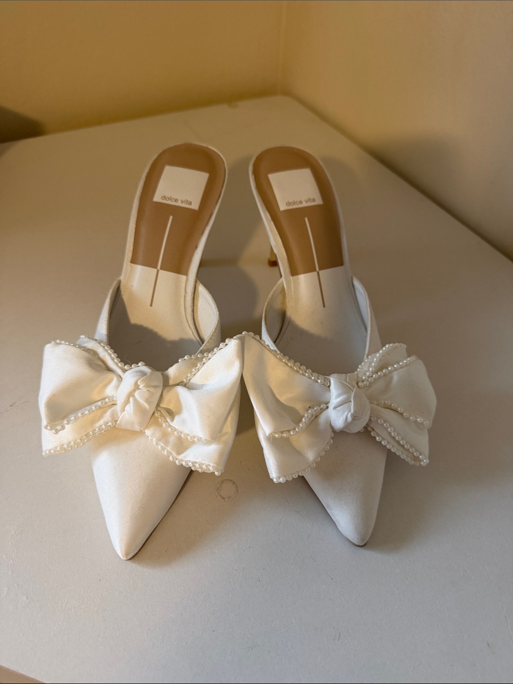 Dolce Vita White Satin Pointed-Toe Mules with Pearl-Trim Bow